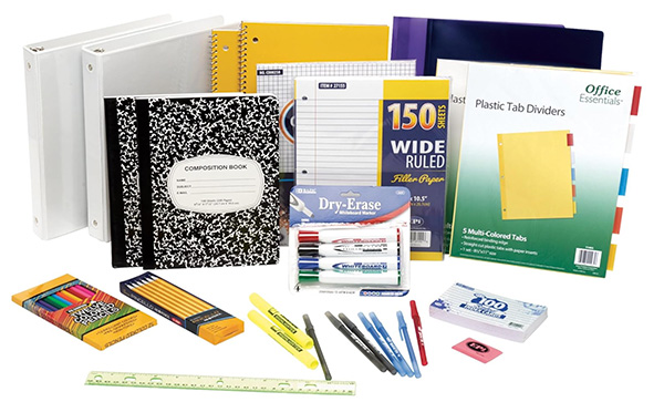 Set of school supplies such as binders, notepads, pencils, pens, markers, etc.